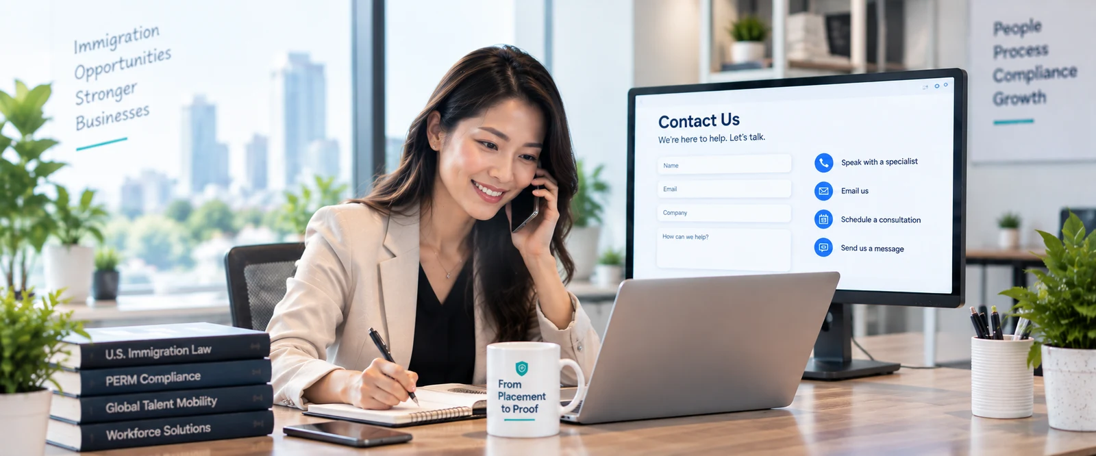 A PermAd360 specialist taking a client call at her desk, a Contact Us form open on the monitor beside her, with reference volumes on U.S. immigration law, PERM compliance, global talent mobility and workforce solutions stacked on the desk.