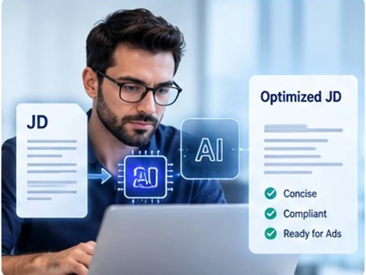 An immigration paralegal reviewing a job description as AI compresses it into a shorter, DOL-compliant advertisement ready for newspaper and radio placement.