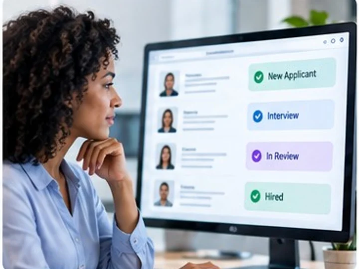 A recruiter reviewing a PermAd360 applicant pipeline on screen, with candidates moving through New Applicant, Interview, In Review and Hired stages.