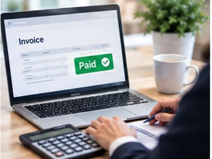 An itemized PERM advertising invoice marked Paid on a laptop screen, with a calculator and pen on the desk beside it.