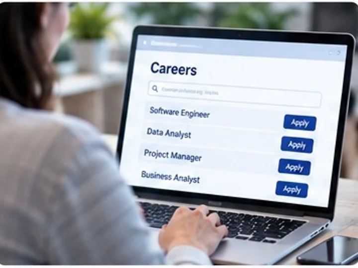 An employer-branded Careers page open on a laptop listing Software Engineer, Data Analyst, Project Manager and Business Analyst openings with Apply buttons.
