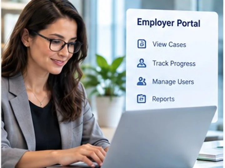An HR manager working in the PermAd360 Employer Portal, with panel options to view cases, track progress, manage users and pull reports.