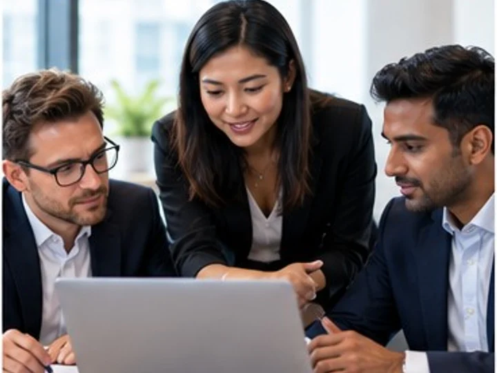 An immigration legal team reviewing a shared PERM case workflow on a laptop together in a conference room.