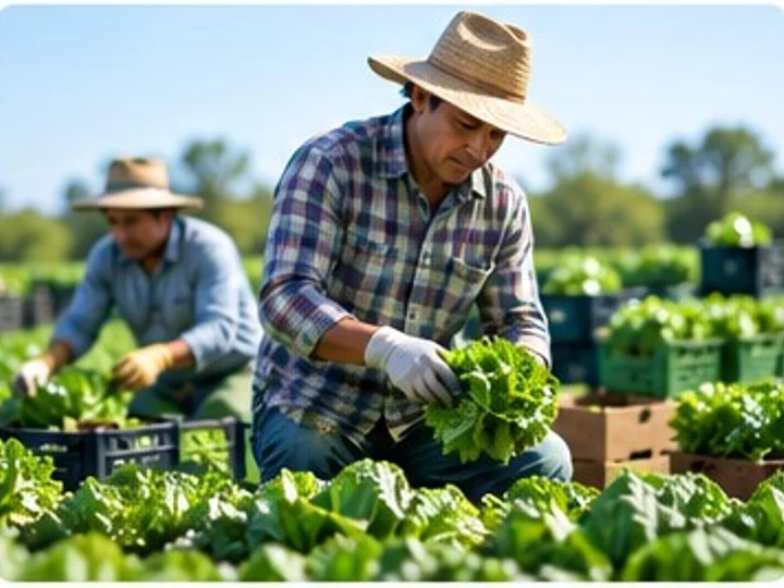 Seasonal agricultural workers harvesting and crating lettuce in a field, representing H-2A and H-2B temporary worker recruitment advertising.