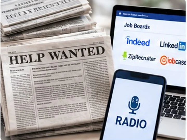 A stack of Sunday newspapers with a HELP WANTED classified page beside a screen showing Indeed, LinkedIn, ZipRecruiter and JobCase job boards and a tablet running a radio spot.