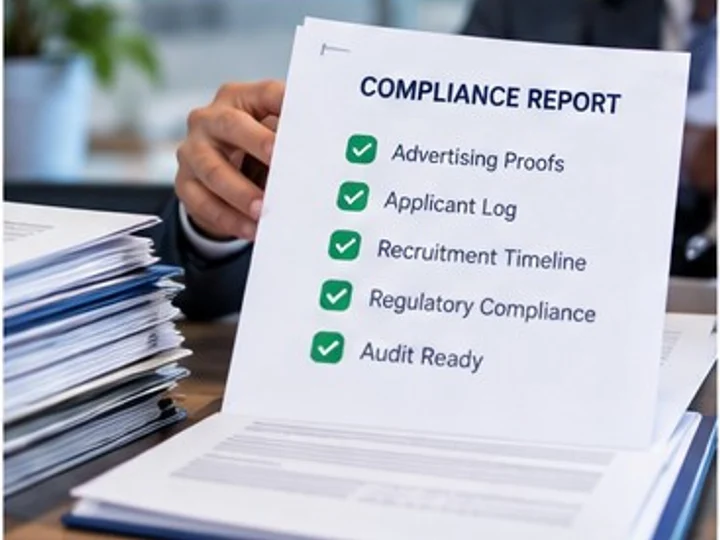 A printed PERM Compliance Report on a desk of case binders, checklisting advertising proofs, applicant log, recruitment timeline, regulatory compliance and audit readiness.