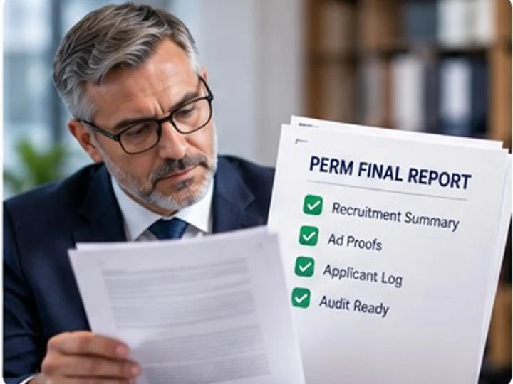 An immigration attorney reading a printed PERM Final Report listing recruitment summary, ad proofs, applicant log and audit-ready certification.
