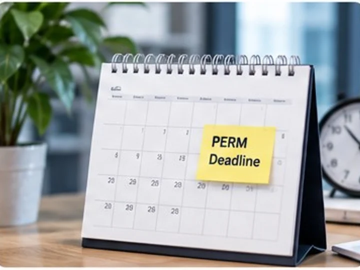 A desk calendar with a PERM Deadline sticky note flagged on an upcoming date, next to an office clock.