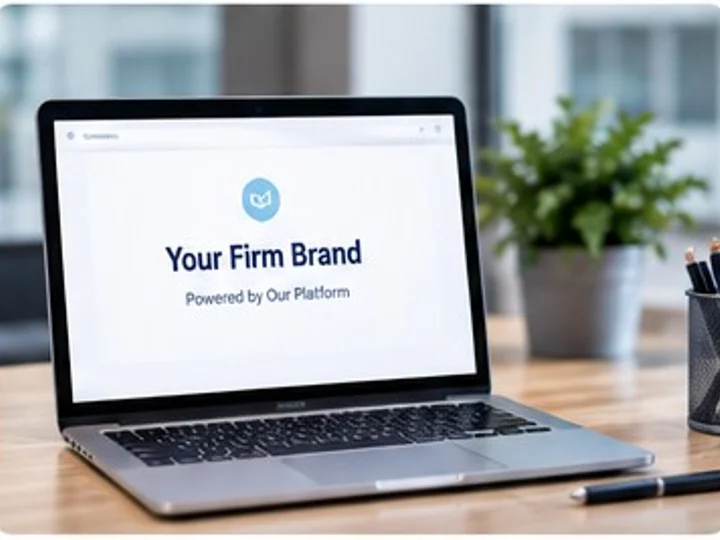 A laptop on a law-firm desk showing a client portal branded with the firm own logo and the line Powered by Our Platform.